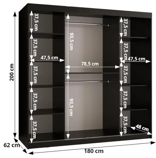 Šatníková skriňa so zrkadlom 180 cm Riana Wa 2 180 (čierna + biela matná). Vlastná spoľahlivá doprava až k Vám domov. 1063496