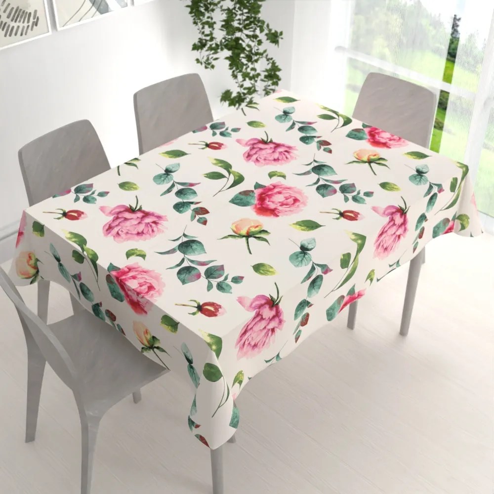 Biante Bavlnený obdĺžnikový obrus Sandra SA-715 Veľké ružovočervené pivonky na smotanovom 120x180 cm