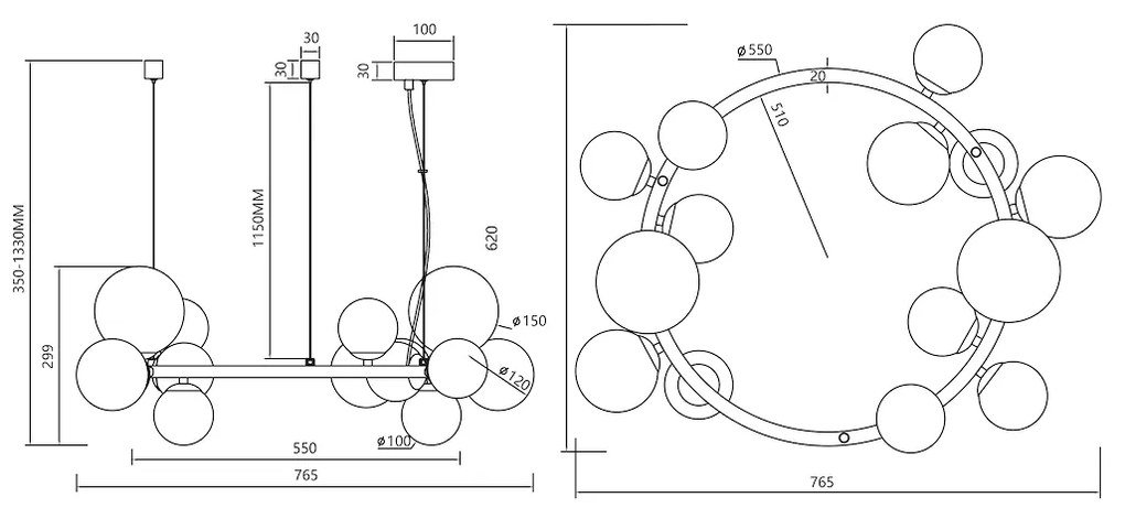 Závesné svietidlo Mila, 14x grafitové sklenené tienidlo, b, o