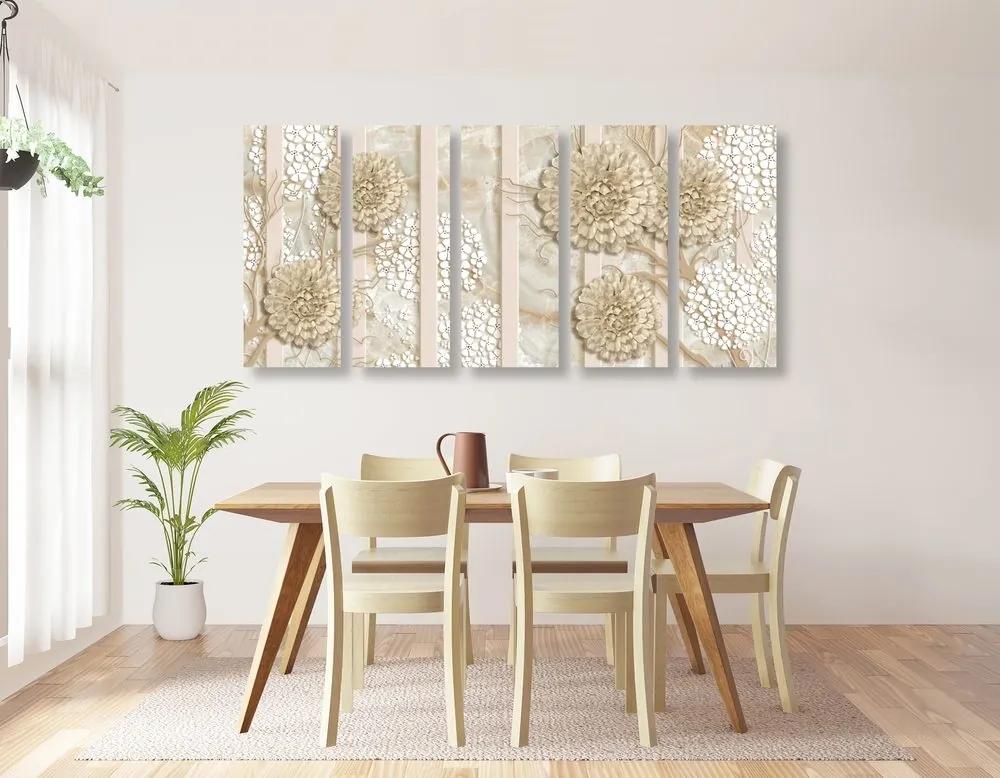 5-dielny obraz abstraktné kvety na mramorovom pozadí - 100x50