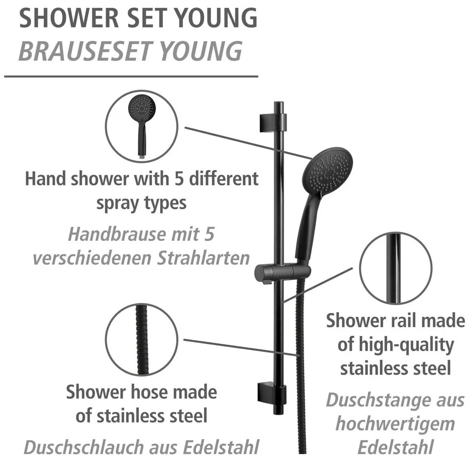 Čierny sprchový set z nerezovej ocele 66 cm Young - Wenko