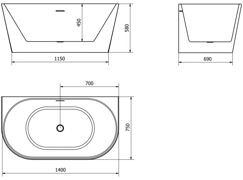 Mexen Oval, voľne stojaca nástenná vaňa 140 x 75 cm, biela, chrómový prepad, 52671407500-01