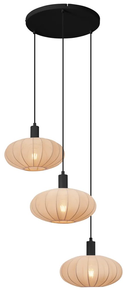 Japandi závesná lampa čierna s hnedým látkovým tienidlom 3-svetlá - Bida