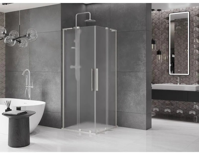 Mexen Velar L Duo, sprchový kút s posuvnými dverami 80 x 80 cm, 8mm sklo námraza, brúsená oceľ, 871-080-080-02-33-97