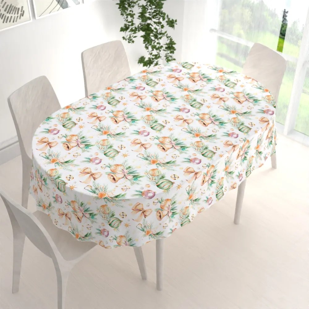 Biante Vianočný dekoračný oválny obrus PML-039 Banky a zvončeky 140x160 cm