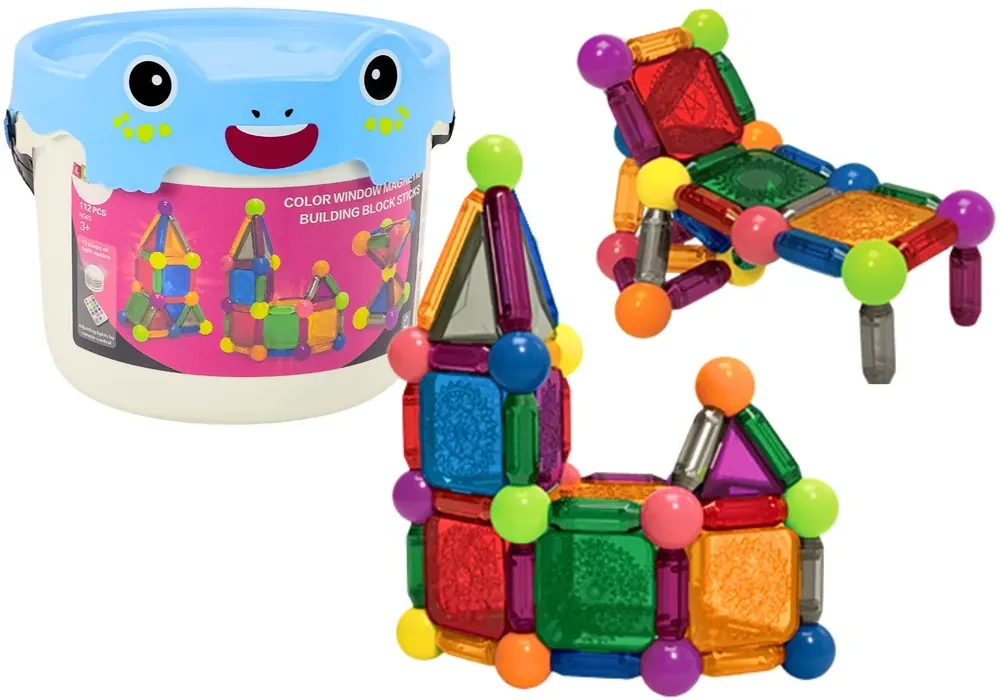 LEAN TOYS Magnetické bloky so svetlom vo vedre - 112 kusov