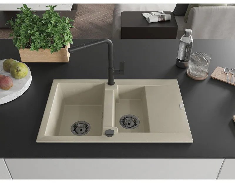 Mexen Gaspar, 1,5-komorový granitový drez 737x475x177 mm a drezová batéria Flora, béžová, 6507-69-670401-70-B