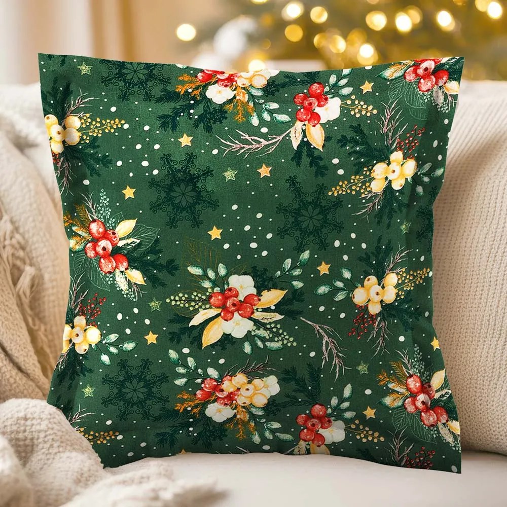 Biante Bavlnená obliečka na vankúš s lemom Sandra SA-713 Vianočné cezmíny na zelenom 45 x 45 cm