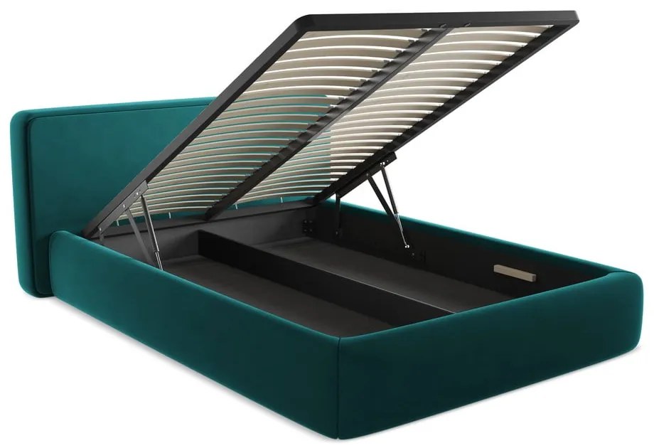 Tyrkysovomodrá čalúnená dvojlôžková posteľ s úložným priestorom s roštom 160x200 cm Kiana – Makamii