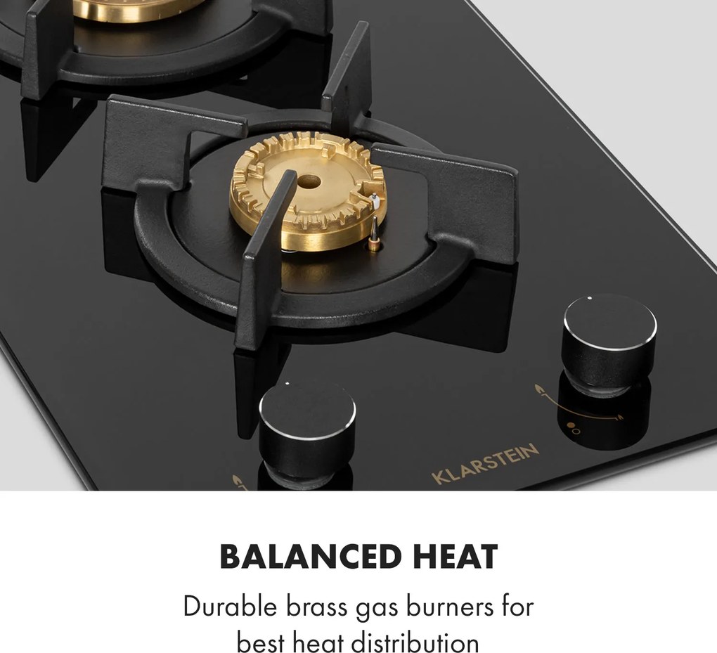 Klarstein Goldflame Domino, plynová varná doska, 2 mosadzné horáky, sklokeramika