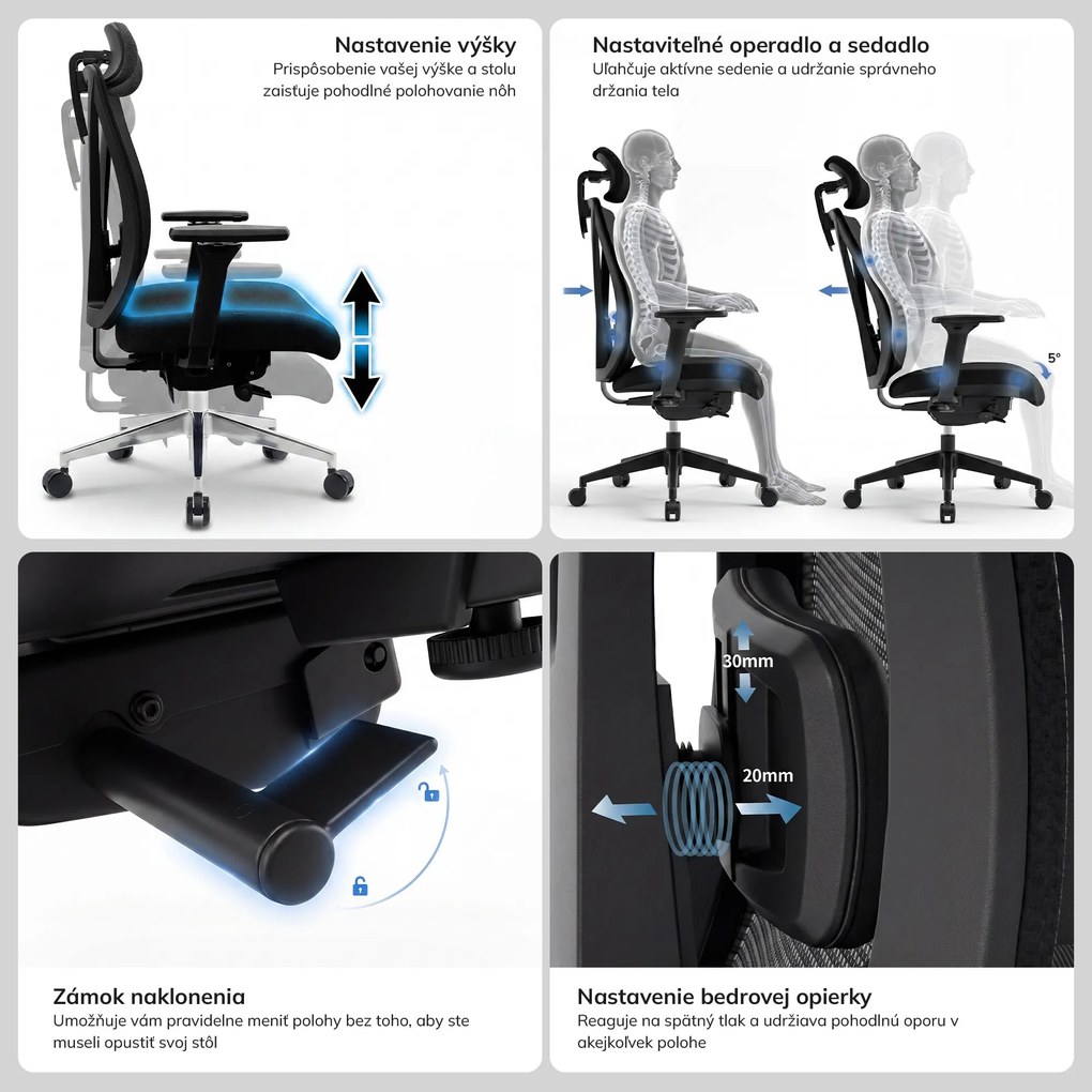 Ergonomická otočná kancelárska stolička, sivá: VECTOR