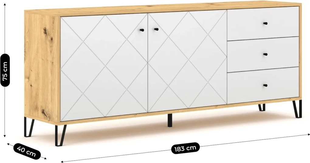 Vintino Komoda CELIA – 183 cm, dub Artisan/biela