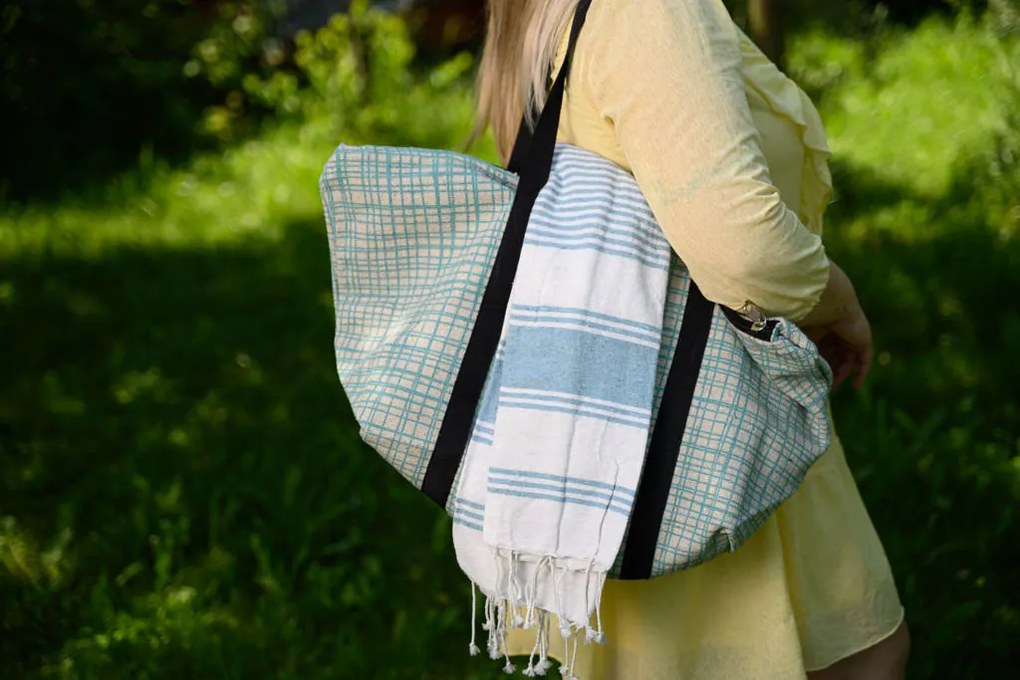 Štýlový set plážovej tašky + osušky HAMAM 75x150 cm, tyrkysový, 100% organická bavlna