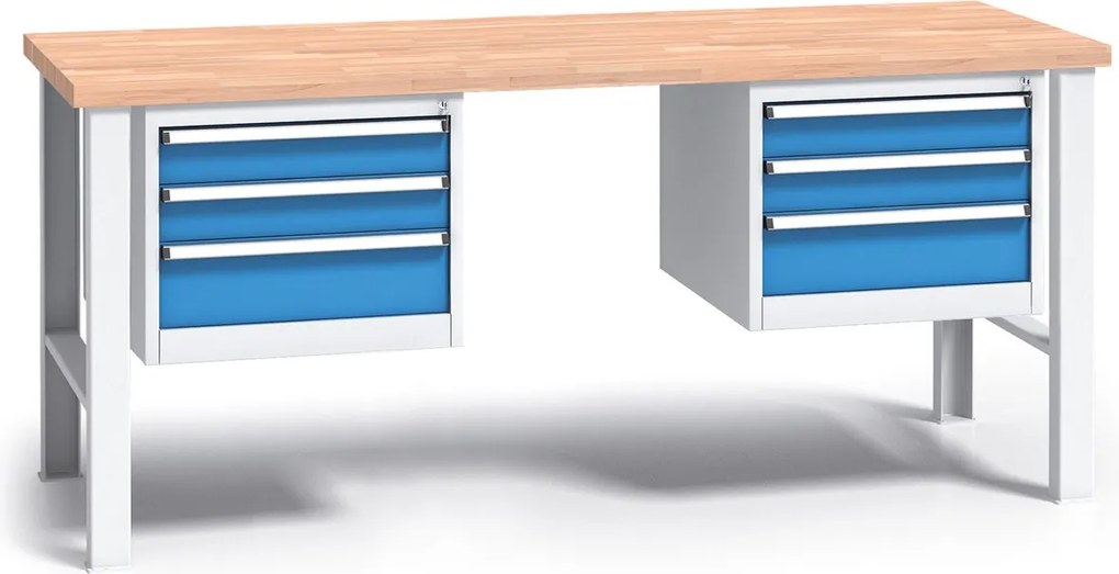 Pracovný stôl do dielne G3 s 2 závesnými boxami na náradie, buková škárovka, 6 zásuviek, pevné kovové nohy, 2000 mm, modrá