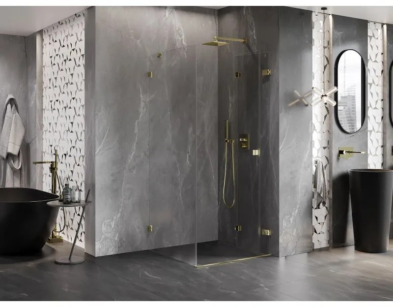 Mexen Lunar-F, 1-krídlový sprchový kút so skladacími dverami, pravý, 90 x 90 cm, 8mm číre sklo, zlatý lesklý profil, 836-090-090-50-00-P