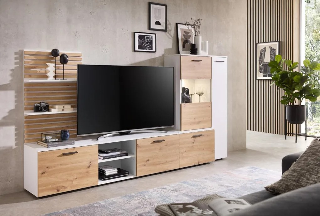 Obývacia stena Heathrow, biela/dub artisan, s osvetlením