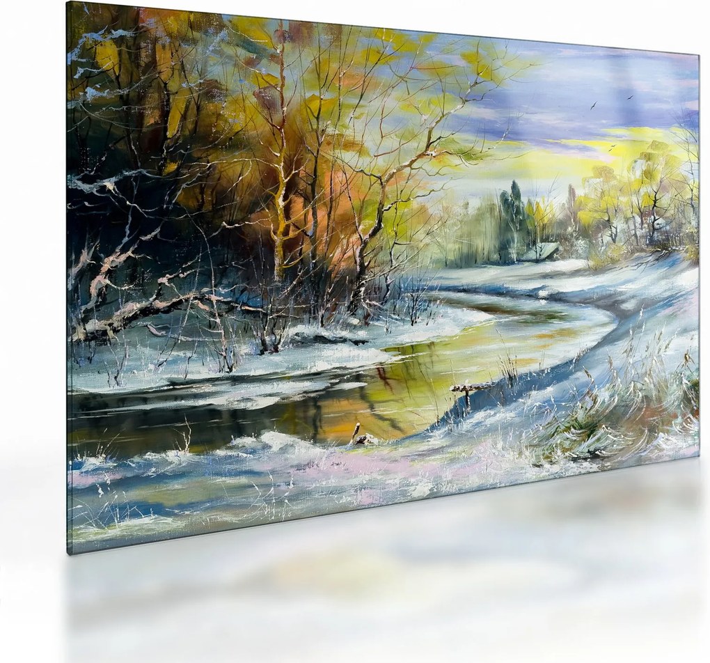 Sklenený obraz zimnej rieky, olejomaľba (70x50 cm)