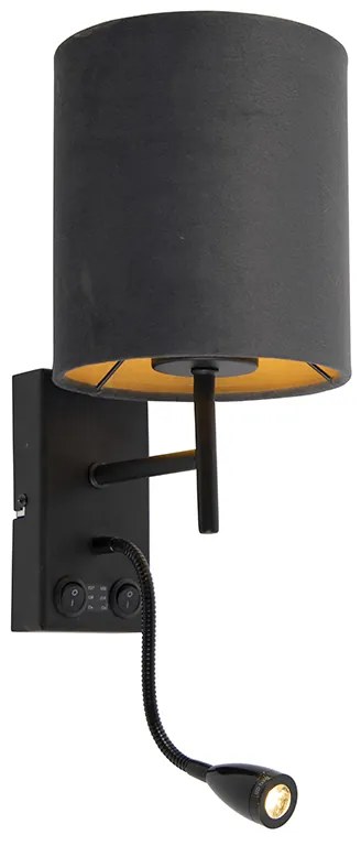Art Deco nástenná lampa čierna s tmavosivým zamatovým tienidlom - Stacca