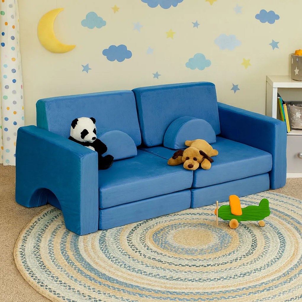 Modulárna rozkladacia pohovka pre deti veľká 2-miestna DIY 10 mäkkých vankúšov - modrá ECOTOYS