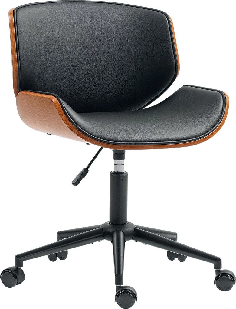 Kancelárska stolička HOMCOM v mid-century štýle bez opierok — ergonomická, výškovo nastaviteľná, 360° otáčanie, PU, čierna/orech | Aosom