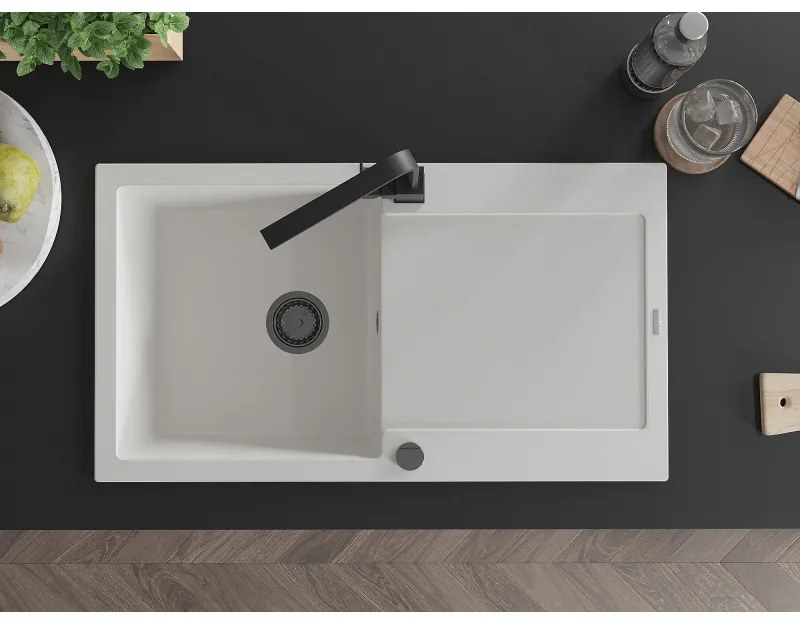 Mexen Leo, drez granitový 900x500x190 mm, 1-komorový, biely s čiernym sifónom a čierna drezová batéria Rita, 6501-20-670300-70