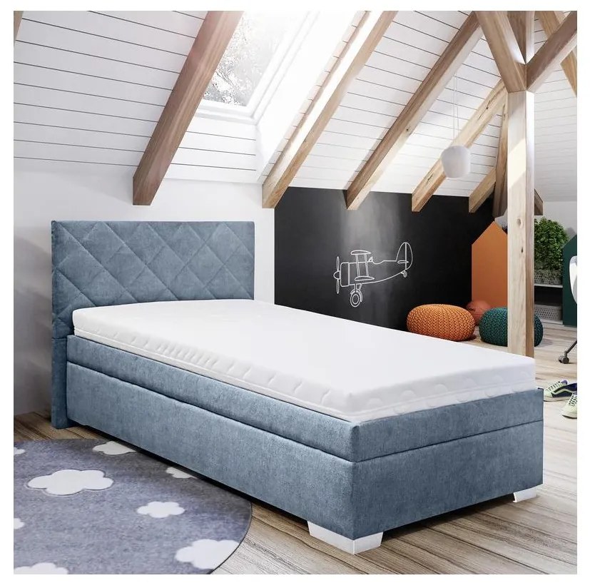 Čalúnená posteľ LANA 90x200 cm s úložným priestorom a matracom, modrá