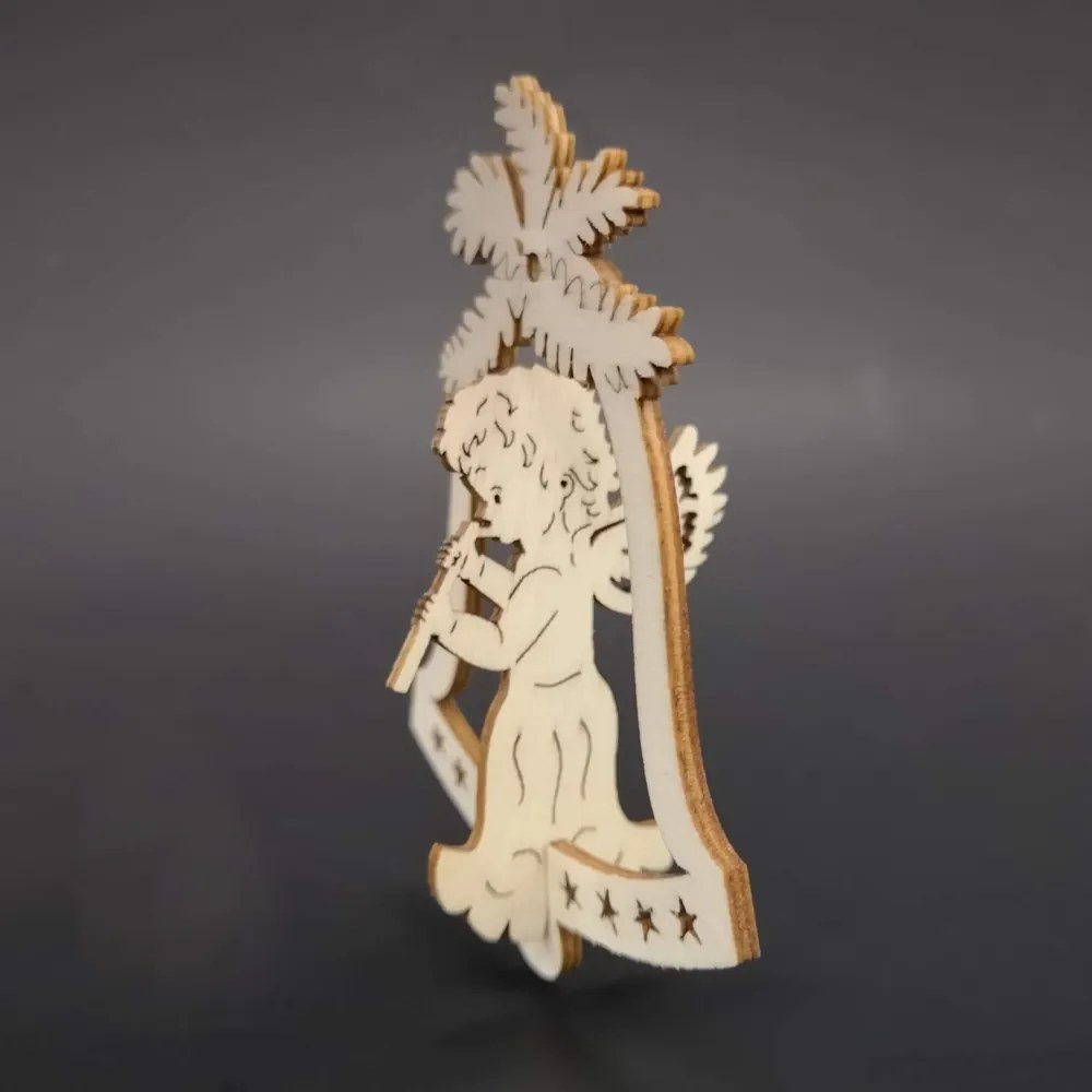 AMADEA Drevená ozdoba 3D zvonček - anjel s píšťalou 9 cm