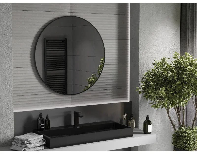 Mexen Loft, okrúhle kúpeľňové zrkadlo 90 cm, farba rámu čierna matná, 9850-090-090-000-70