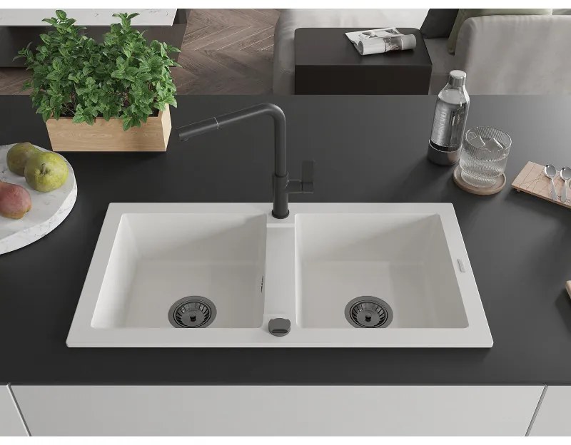 Mexen Mario, 2-komorový granitový drez 820x436x161 mm a drezová batéria Flora, biela, 6504-20-670401-70-B