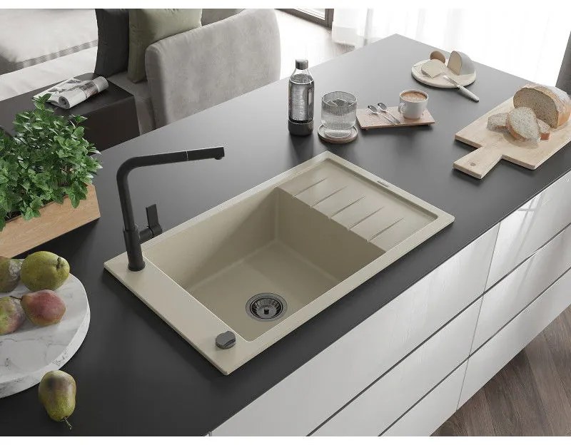 Mexen Elias, 1-komorový granitový drez 795x480x200 mm a drezová batéria Flora, béžová, 6511-69-670401-70-B