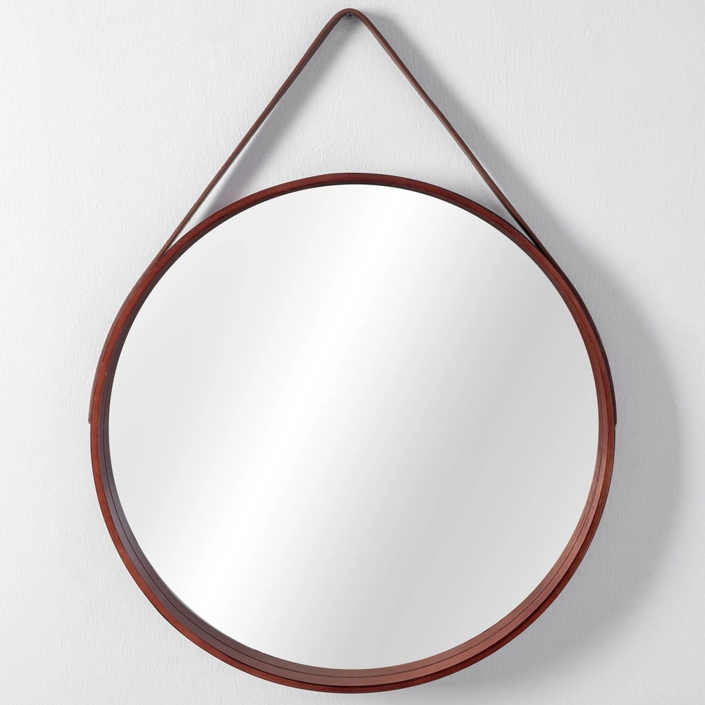 Kulaté zrcadlo WOOD se závěsným páskem 50 cm hnědé