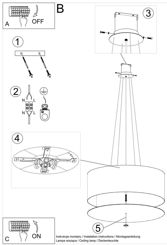 Závesné svietidlo Otto, 1x čierne textilné tienidlo, (biele sklo), (fi 70 cm)