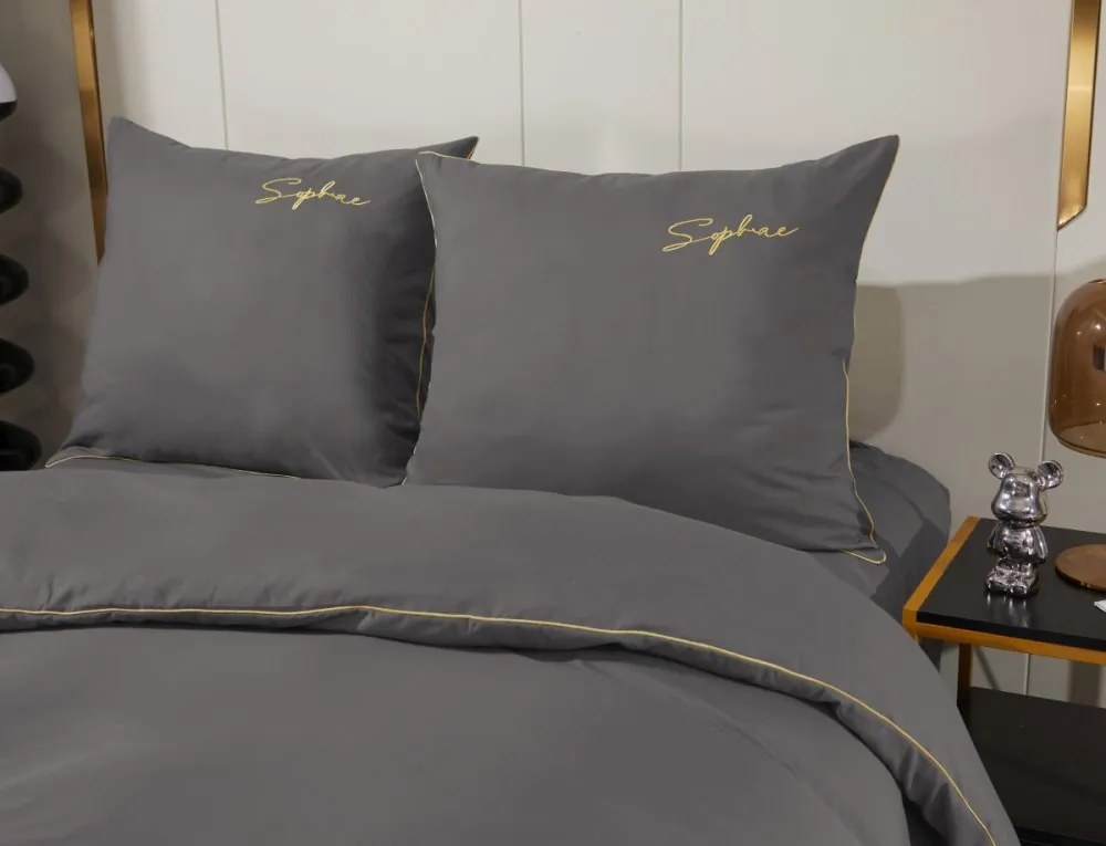 Elegantné grafitové posteľné obliečky so zlatou výšivkou a lemom 4 časti: 1ks 160x200 + 2ks 70x80 + plachta