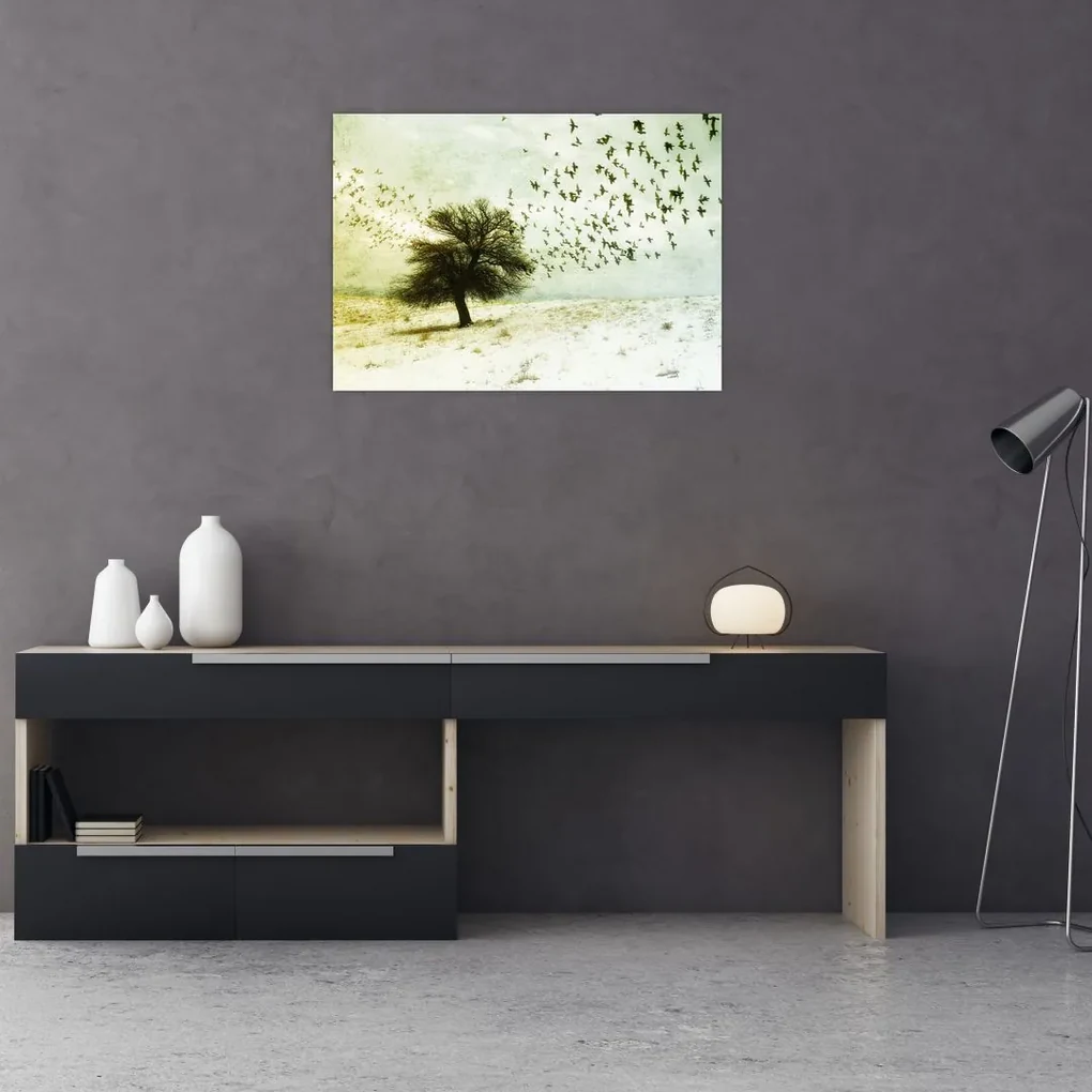 Sklenený obraz - Maľovaný kŕdeľ vtákov (70x50 cm)