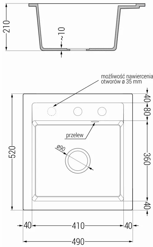 Mexen Vito, 1-komorový granitový drez 520x490x210 mm, čierna batéria Rita, čierna-strieborná metalíza, 6503-73-670300-70-B