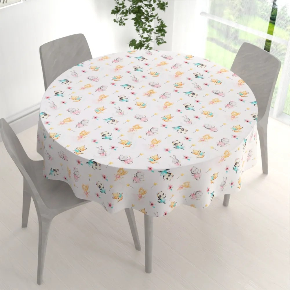 Biante Detský bavlnený okrúhly obrus Sandra SA-671 Zvieratká baletky na bielom Ø 80 cm