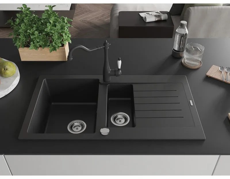 Mexen Matias, granitový drez 900x505x200 mm, 1,5-komorový a drezová batéria Carla, čierna, 6502-77-670700-70