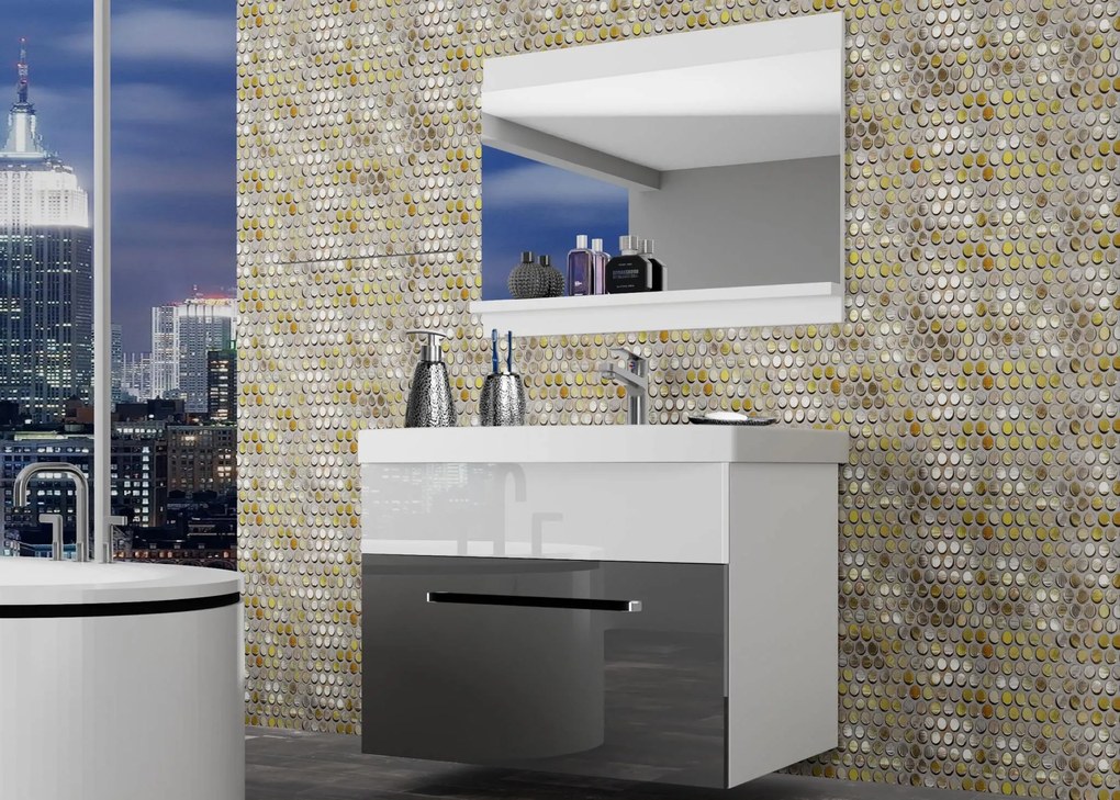 Kúpeľňový nábytok Belini šedý lesk / biely lesk + umývadlo + zrkadlo ROD P 1/0/W/SW/0/ZW