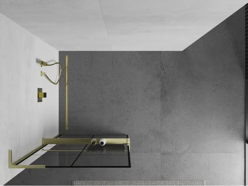Mexen Kioto+ L, sprchová zástena Walk-In s poličkou a vešiakom 80 x 200 cm, 8mm číre sklo čierny vzor, zlatý matný profil, 800-080-123-55-77