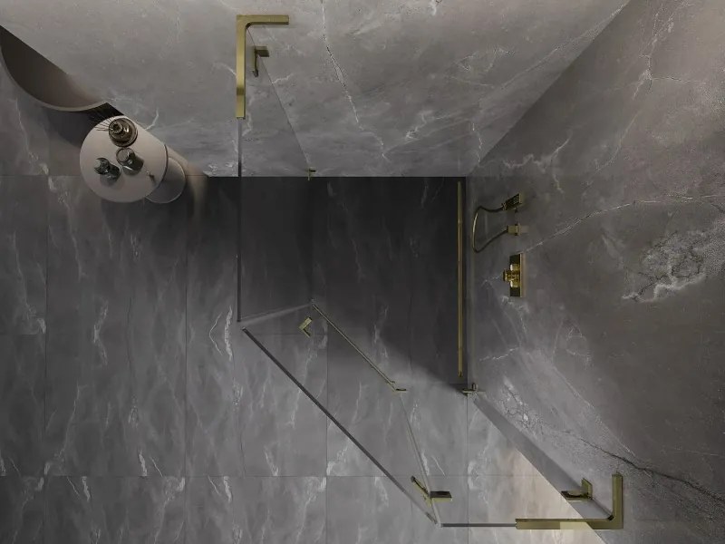 Mexen Lunar, L pravý výklopný päťuholníkový sprchový kút 90 x 100 cm, 8mm číre sklo, zlatý profil, 831L-090P-100L-50-00-P