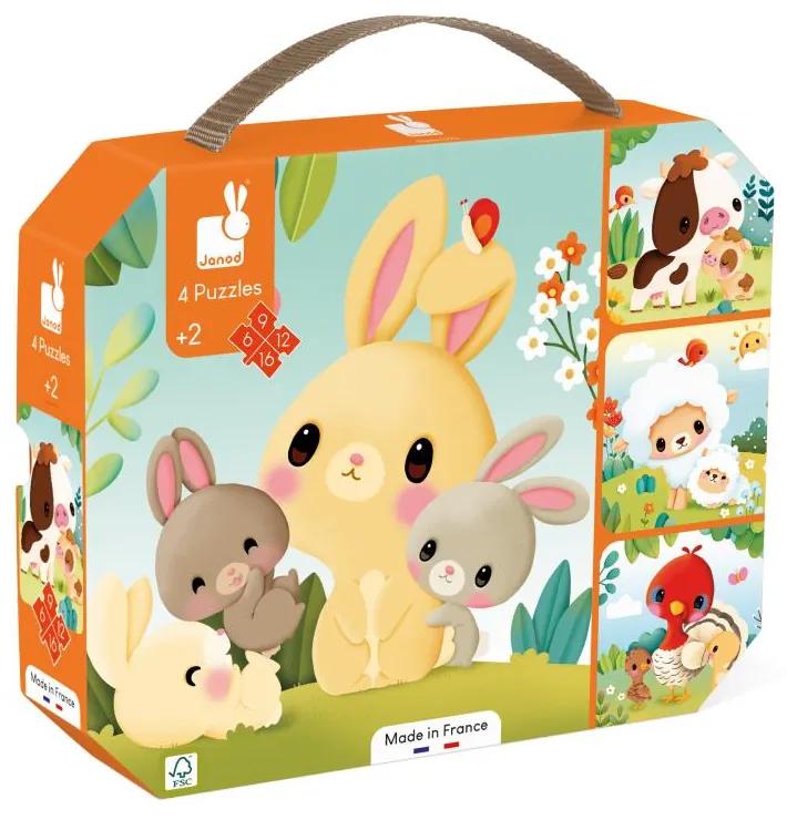 Janod Farm Puzzle pre deti 4v1 Farma zvieratká v kufríku 6-9-12-16 ks