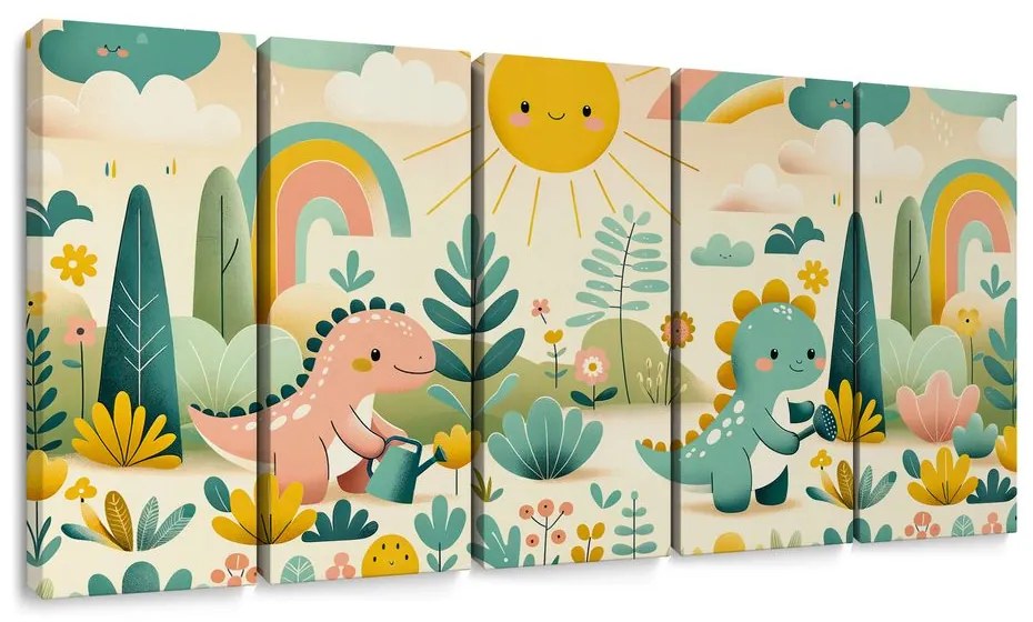 5-dielny obraz veselé dinosaury v dúhovej krajine