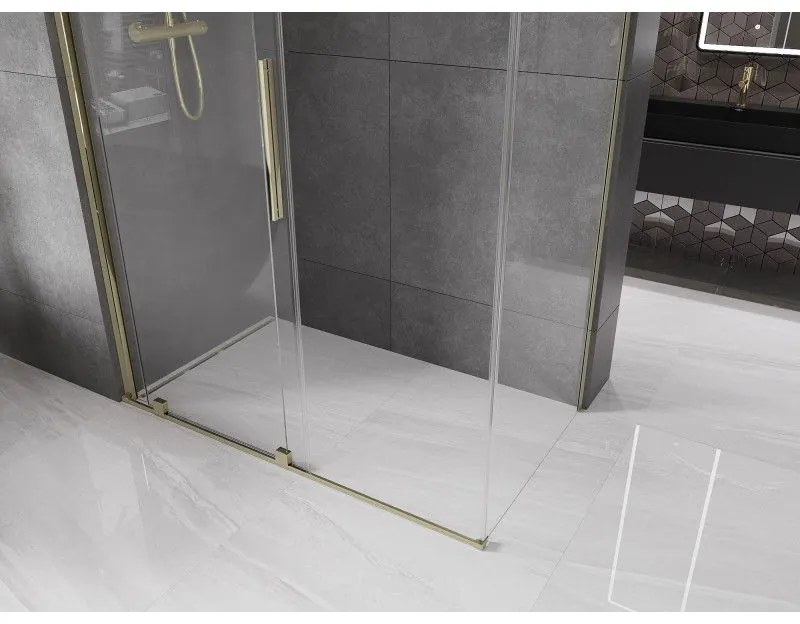 Mexen Velar, sprchový kút s posuvnými dverami 160(dvere) x 100(stena) cm, 8mm číre sklo, zlatá lesklá, 871-160-100-01-50