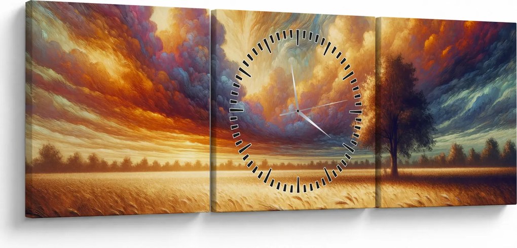 Obraz – Strom na poli (s hodinami) (90x30 cm)