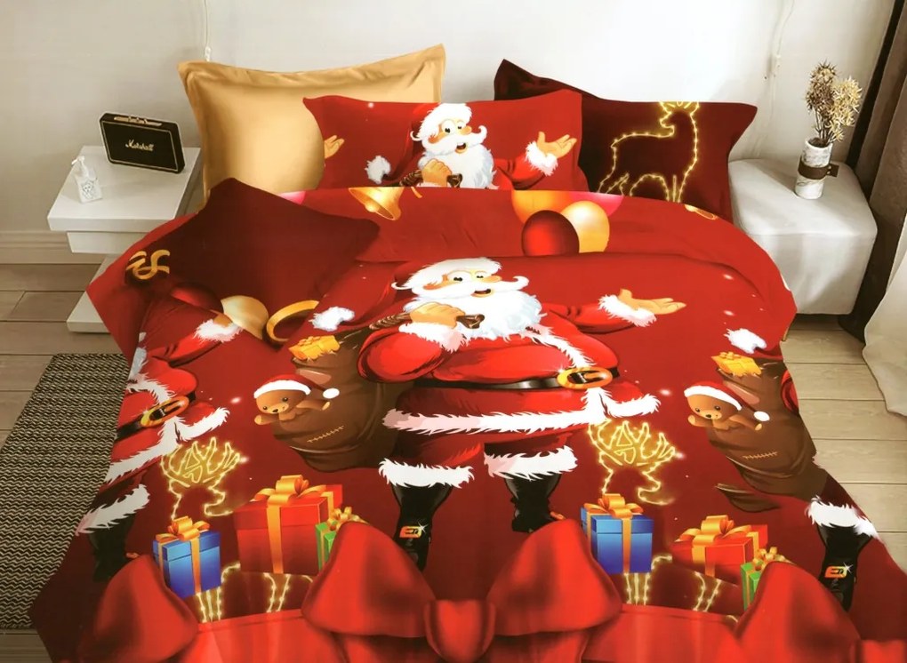 DomTextilu Vianočné obliečky na posteľ s mikulášom 160 x 200 cm  3 časti: 1ks 160x200 + 2ks 70x80 Červená 31471-166623