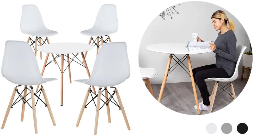 4 ks moderných jedálenských stoličiek so stolom, viac farieb, biela