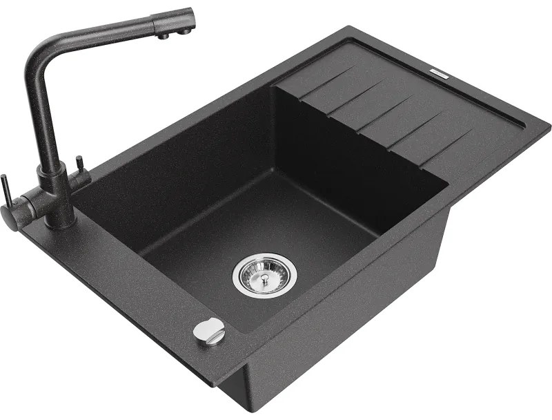 Mexen Elias, 1-komorový granitový drez s odkvapkávačom 795x480x200 mm a čierna batéria Duero, čierna - škvrnitá, 6511-76-671600-76
