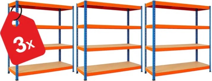 Akcia 3x Regál 168x160x60 cm profesionálny 4-policový, nosnosť 160 kg - modro-oranžový