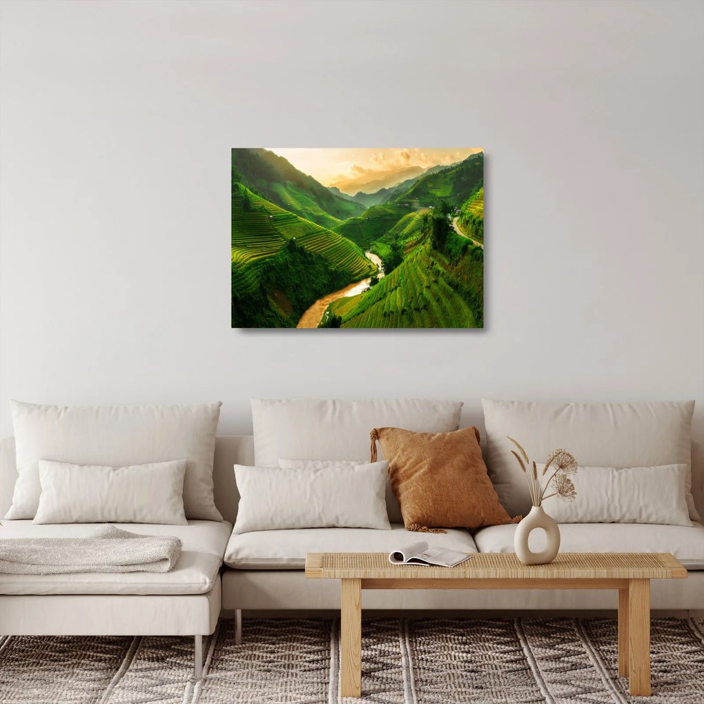 Sklenený obraz - Ryžové terasy Mu Cang Chai (70x50 cm)