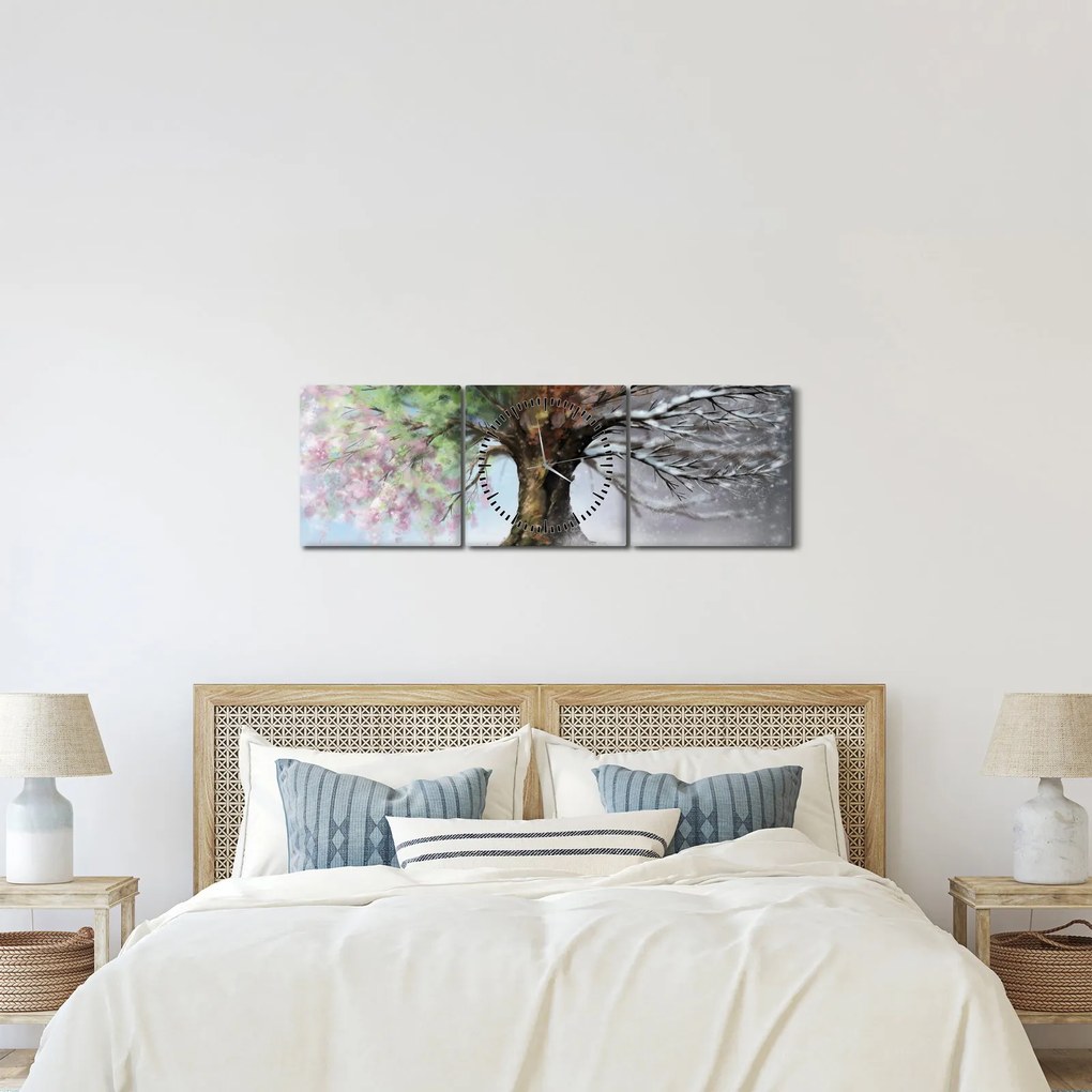 Obraz - Strom štyroch ročných období (s hodinami) (90x30 cm)